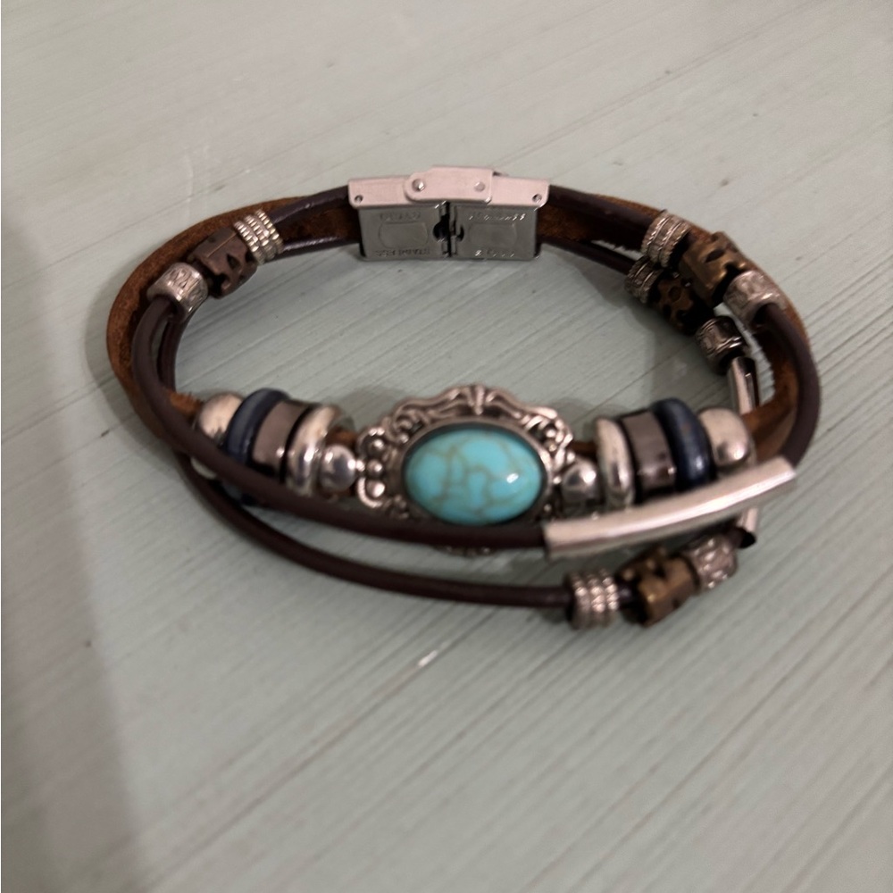 Turquoise Silver Leather Multi Strap Beaded Bracelet Brown Black Light Blue
